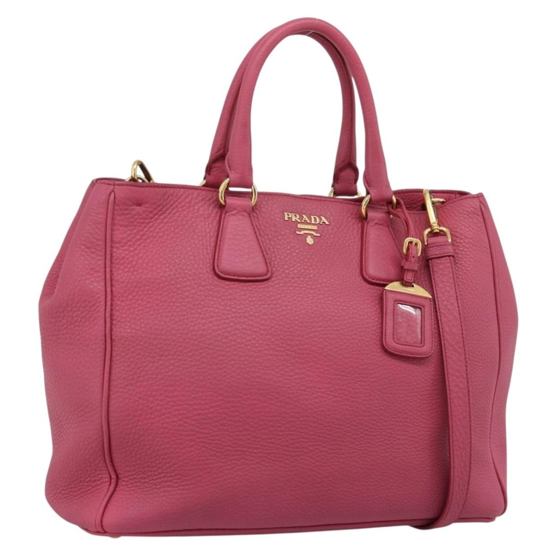 Prada Vitello Daino 2way Leather Handbag Pink Gold Tone: Prada Vitello Daino 2way Leather Handbag Pink Gold Tone PRADA 2-way handbag in pink and gold leather, made in Italy. It comes with a name tag and shoulder strap. The item has been dyed at a non-author
