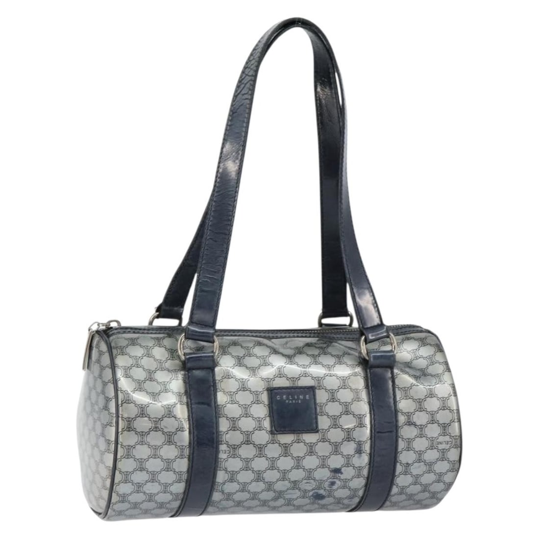 CELINE Silver Enamel Hand Bag Italy Authentic MR1550: CELINE Silver Enamel Hand Bag Italy Authentic MR1550 Elevate your accessory collection with this authentic CELINE Hand Bag, crafted in Italy with a striking silver enamel exterior. The bag features a 