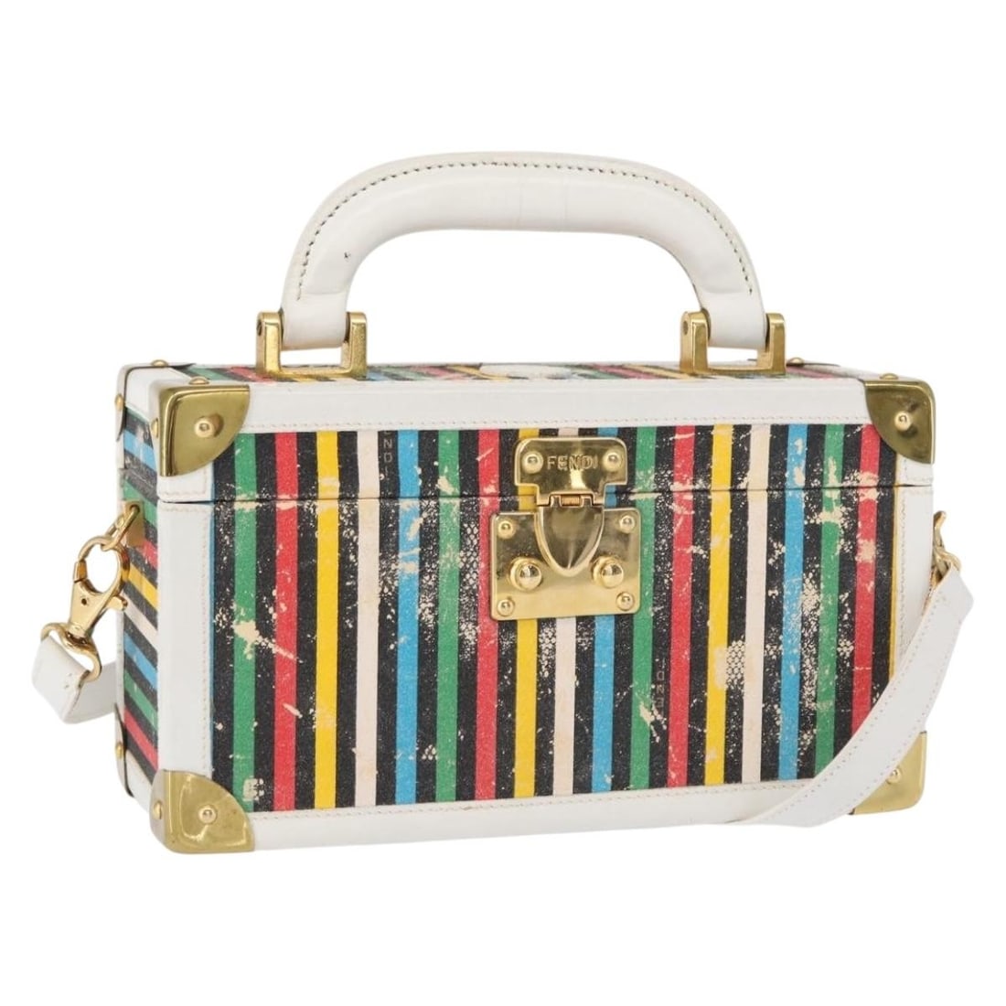 Fendi Leather 2way Vanity Hand Bag Multicolor Gold Strap: Fendi Leather 2way Vanity Hand Bag Multicolor Gold Strap A Fendi vanity hand bag in multicolor and gold leather, designed in a 2-way style with a shoulder strap accessory. Made in Italy, this bag meas