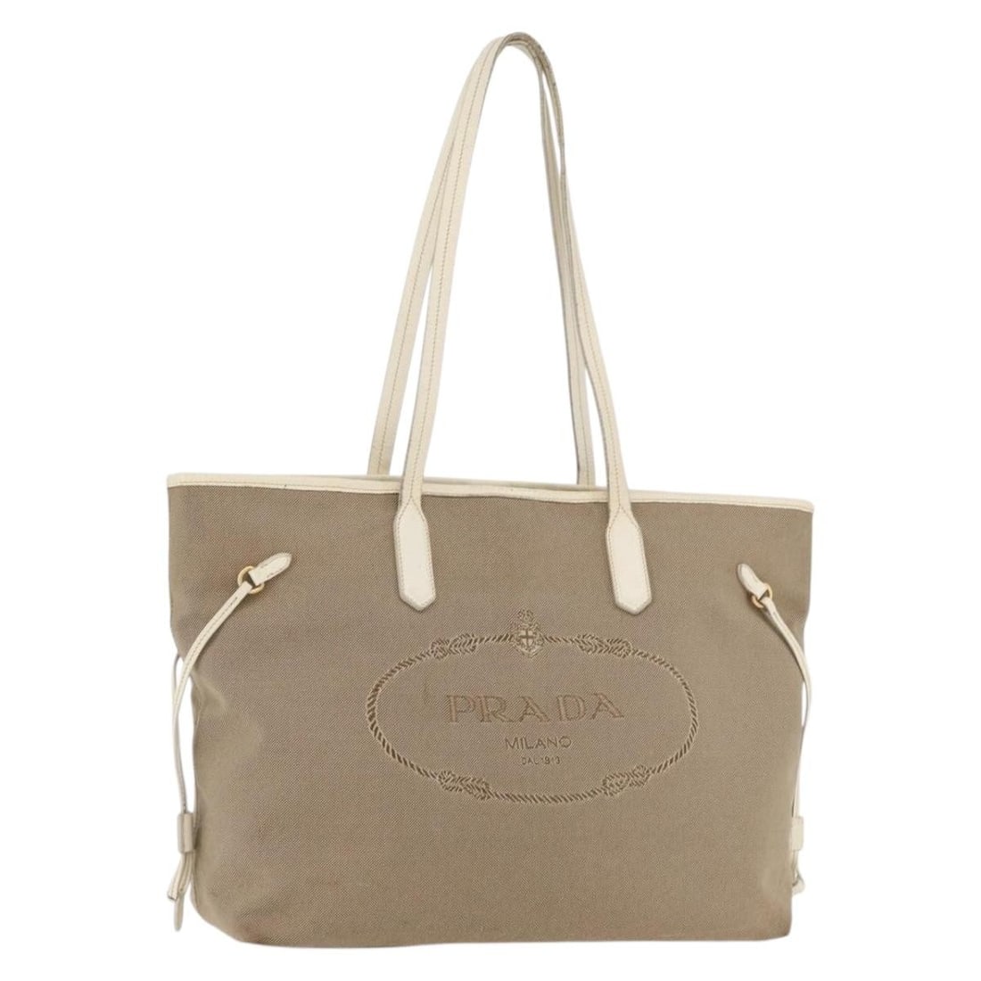 PRADA Beige Gold Canvas Tote Bag for Women Made in Italy: PRADA Beige Gold Canvas Tote Bag for Women Made in Italy Prada tote bag in beige and gold canvas, made in Italy. This women's bag is offered without the original box or dust bag; only the item shown i