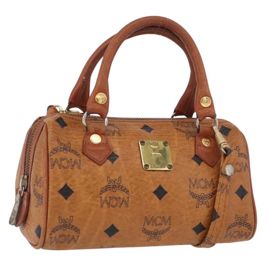 MCM Mini Boston Bag Brown PVC Leather with Shoulder Strap Germany: MCM Mini Boston Bag Brown PVC Leather with Shoulder Strap Germany This MCM Vicetos Mini Logogram Boston Bag features a two-way design with both handles and an adjustable shoulder strap. Made from brow