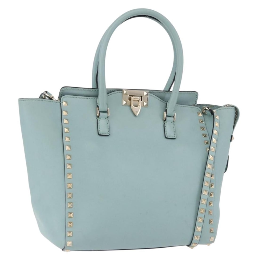 VALENTINO Light Blue Leather 2way Handbag with Shoulder Strap: VALENTINO Light Blue Leather 2way Handbag with Shoulder Strap This VALENTINO hand bag is crafted from leather in a light blue and gold color combination. It features a 2-way design and comes with a sh