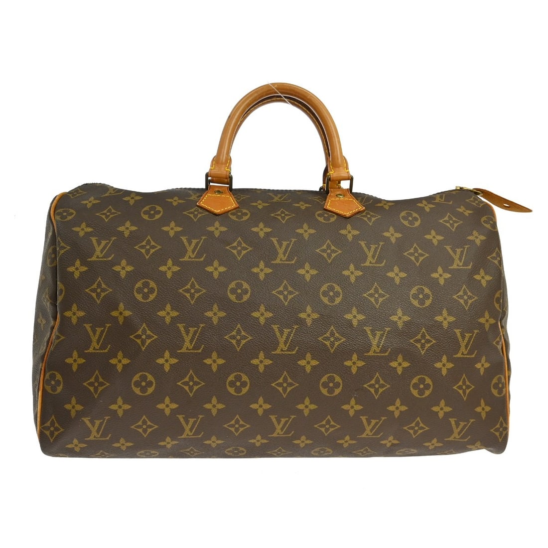 Louis Vuitton Speedy 40 Monogram Canvas Large Duffle Bag M41522: Louis Vuitton Speedy 40 Monogram Canvas Large Duffle Bag M41522 Vintage Louis Vuitton Speedy 40 duffle handbag in brown Monogram canvas with leather trim and double handles. This zip-top handbag shows