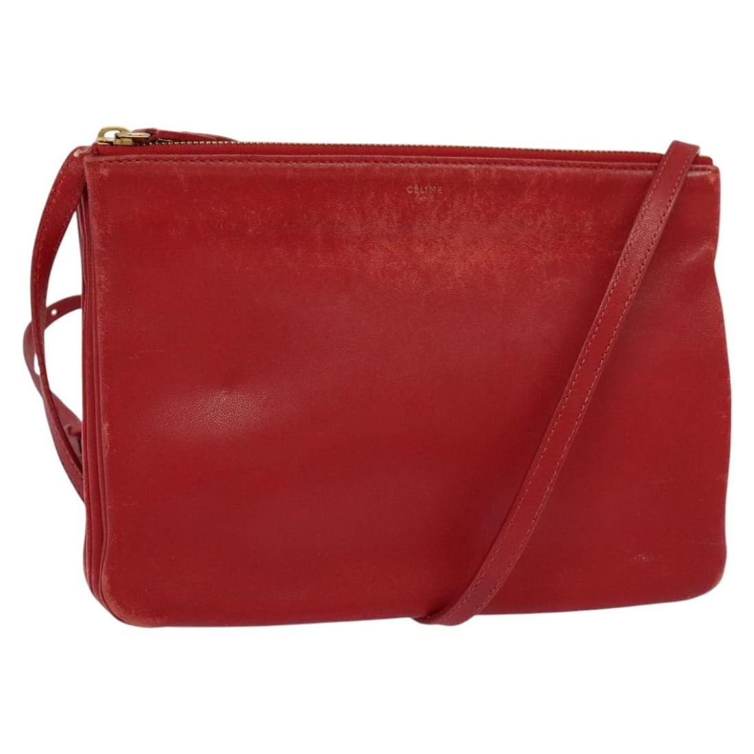 Celine Trio Small Red Leather Shoulder Bag Gold Tone Hardware: Celine Trio Small Red Leather Shoulder Bag Gold Tone Hardware This is a CELINE Trio Small Shoulder Bag crafted from red leather with gold-tone accents. Designed for women, this shoulder bag features a