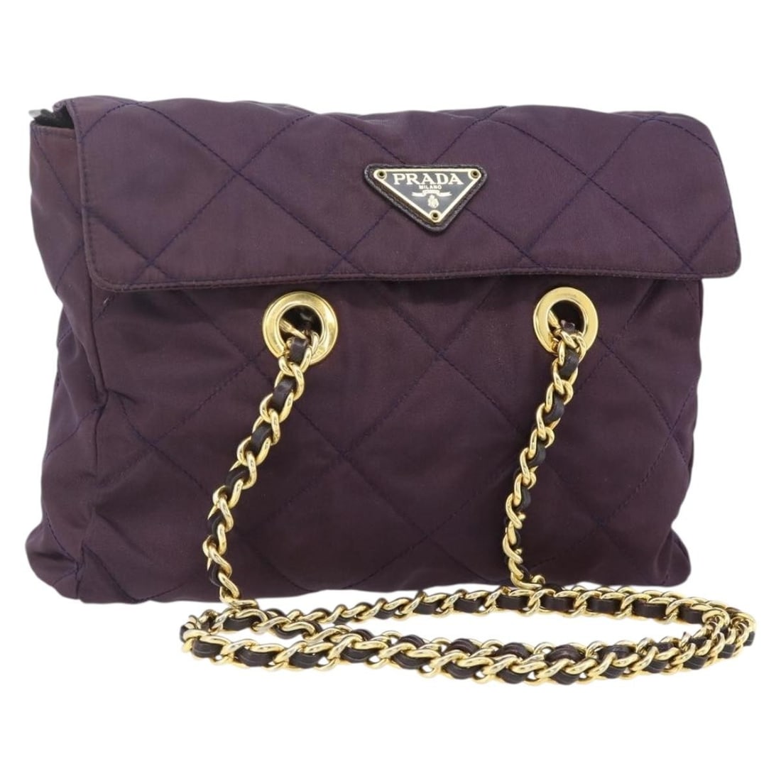 Prada purple nylon tote with gold tone chain Italy: Prada purple nylon tote with gold tone chain Italy This PRADA chain tote bag is crafted from nylon in a striking purple and gold color combination. Made in Italy, it features a spacious interior and a