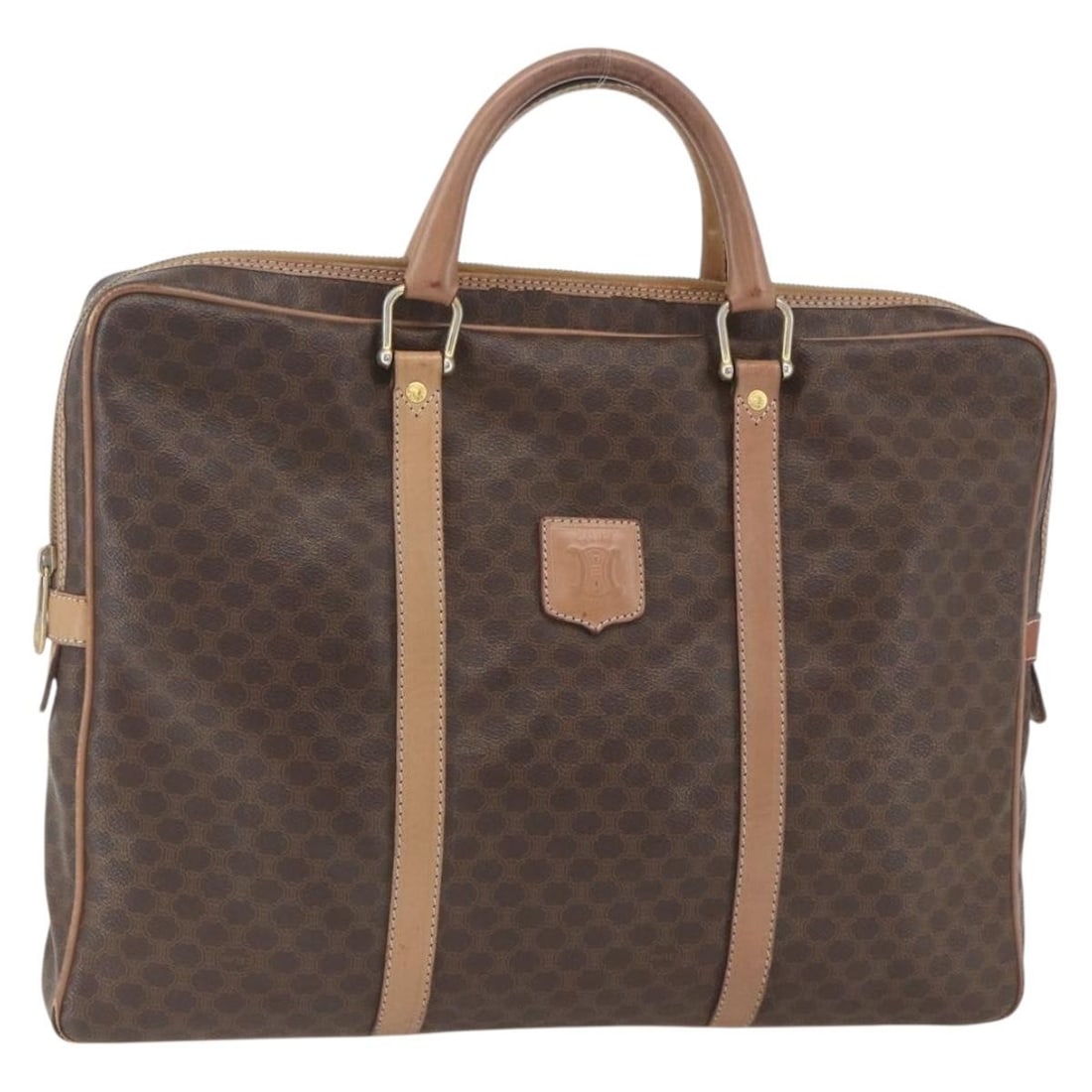 Celine Macadam Brown PVC Business Bag with Gold Tone Details: Celine Macadam Brown PVC Business Bag with Gold Tone Details This CELINE Macadam business bag features a brown and gold PVC leather and canvas exterior with the signature Macadam pattern. The bag is m