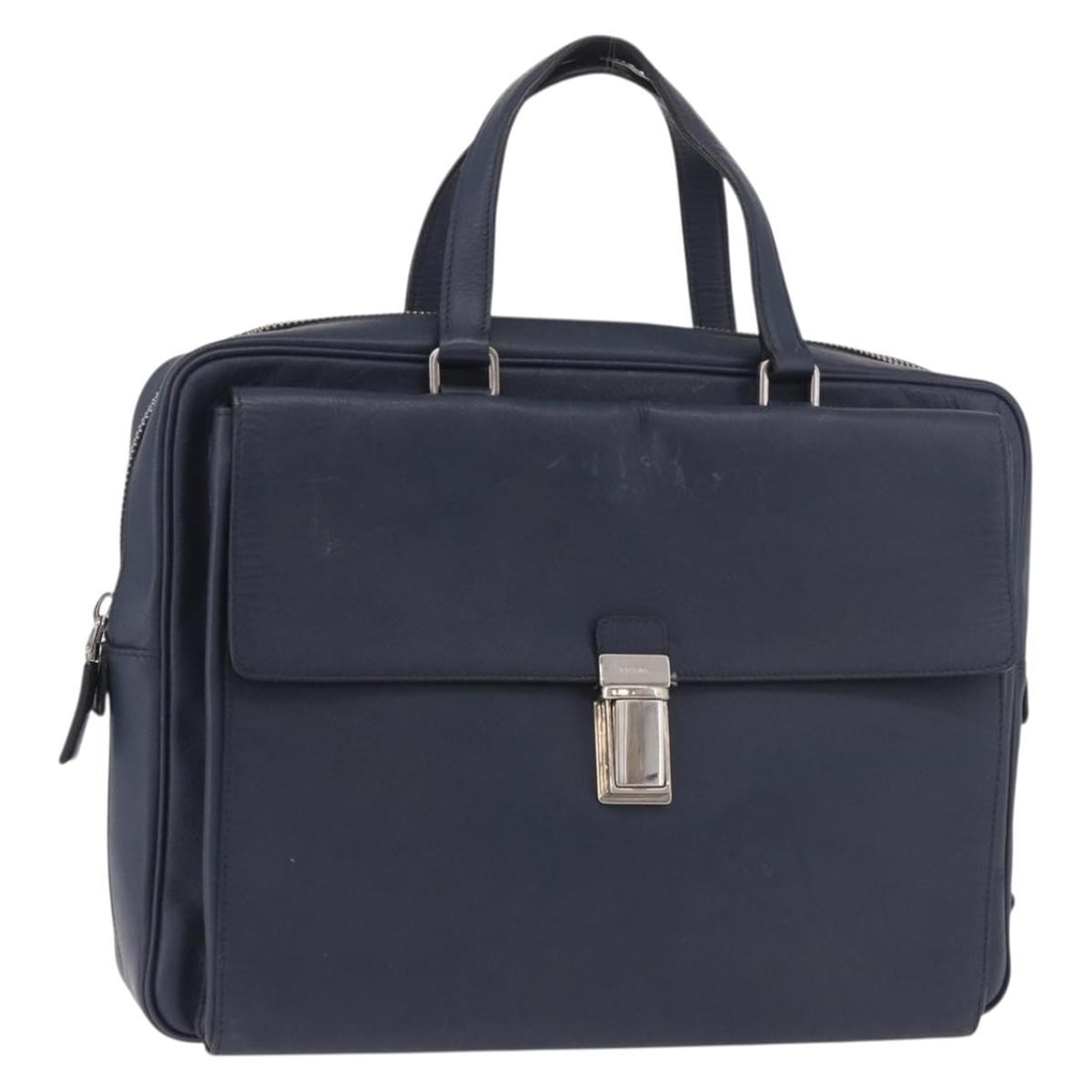 PRADA Saffiano Leather Briefcase Blue Silver Tone Made in Italy: PRADA Saffiano Leather Briefcase Blue Silver Tone Made in Italy A Prada business bag crafted from Saffiano leather in blue with silver-tone hardware. Made in Italy, it measures approximately W36 cm x 
