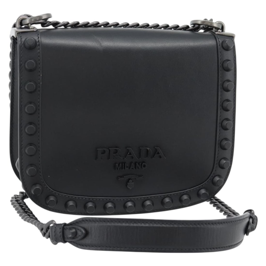 PRADA black leather shoulder bag with chain strap: PRADA black leather shoulder bag with chain strap PRADA chain shoulder bag in black leather, made in Italy. It comes with a dust bag, item box, and guarantee card. The bag measures approximately 20 cm