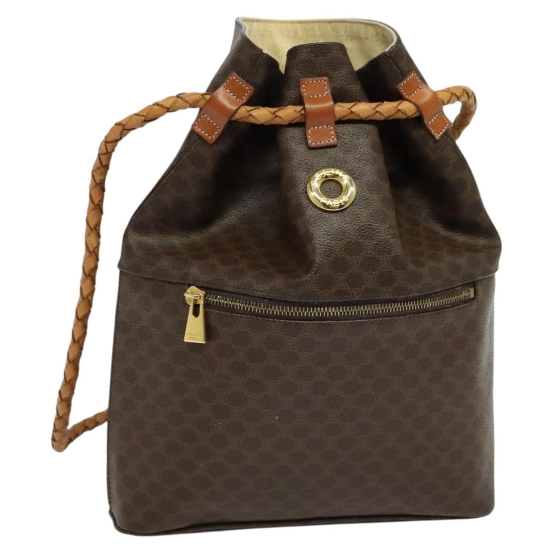 CELINE Macadam Canvas Brown Gold Backpack Italy: CELINE Macadam Canvas Brown Gold Backpack Italy This CELINE Macadam backpack is crafted from PVC leather and features brown and gold tones. The bag has a classic backpack style with a structured silho