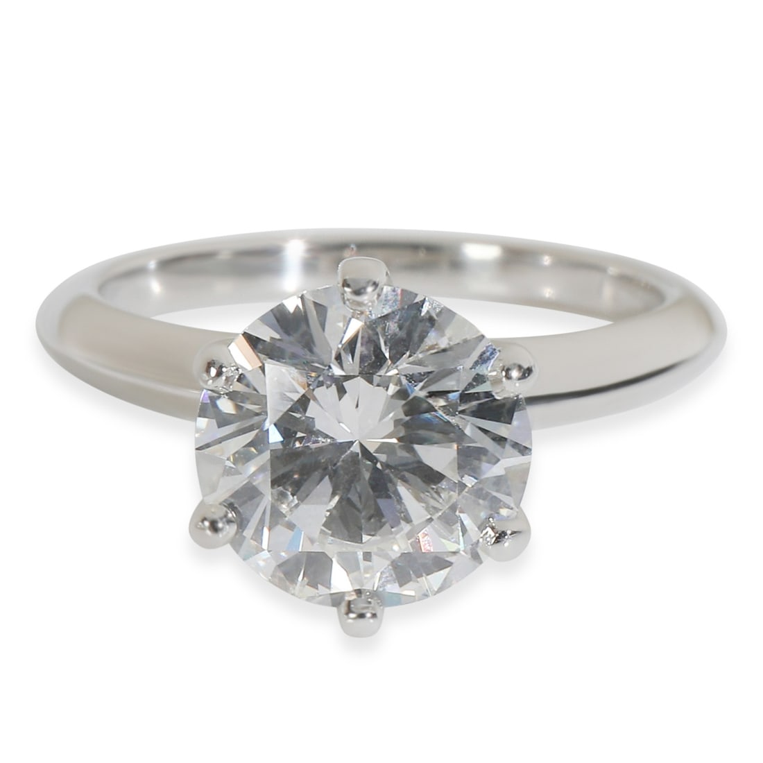 Platinum Tiffany Engagement Ring 2.56ct Round Diamond With Certificate Size 6: Platinum Tiffany Engagement Ring 2.56ct Round Diamond With Certificate Size 6 This Tiffany & Co. engagement ring features a 2.56 carat round brilliant diamond set in platinum. The center stone has F c