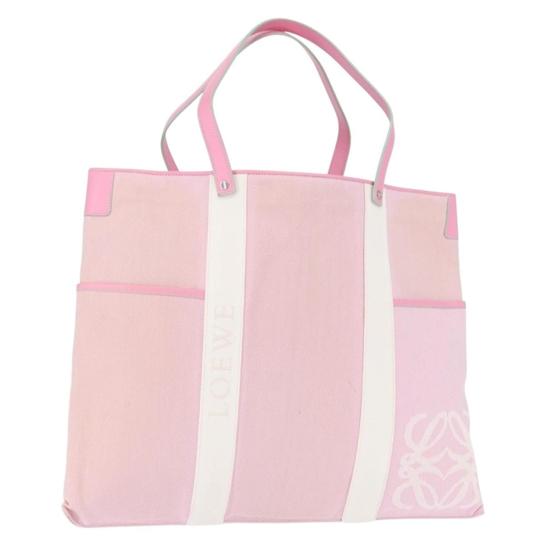LOEWE Pink Silver Canvas Anagram Tote Bag Spain: LOEWE Pink Silver Canvas Anagram Tote Bag Spain This LOEWE Anagram tote bag features a pink and silver canvas exterior and is crafted in Spain. The bag is designed for women and offers ample space wit