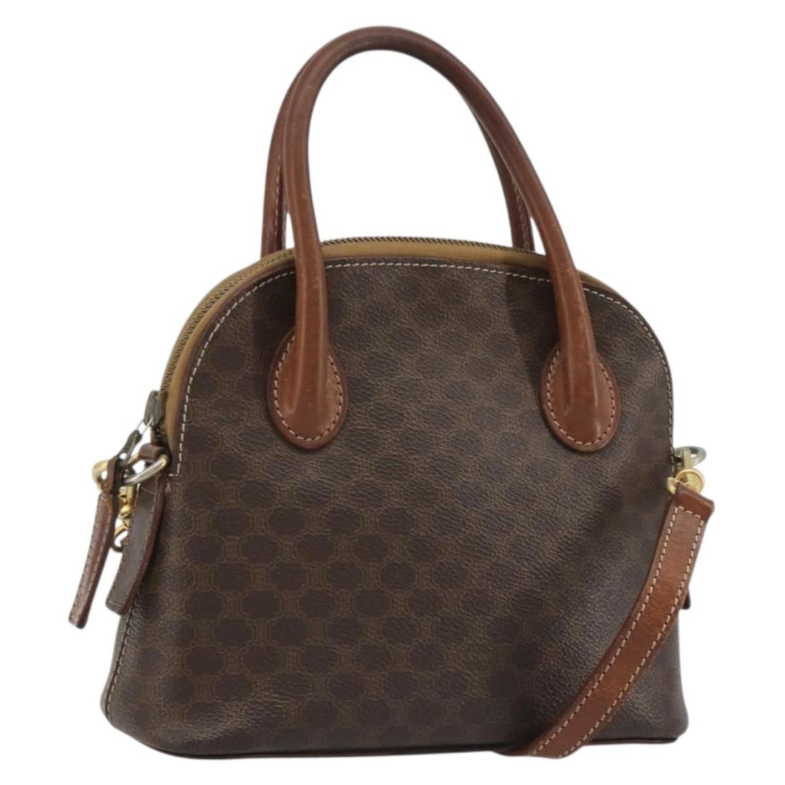 CELINE Macadam 2way Brown Hand Bag PVC Leather Shoulder Strap: CELINE Macadam 2way Brown Hand Bag PVC Leather Shoulder Strap A CELINE 2-way handbag in brown and gold, made from PVC leather and Macadam canvas. It comes with a shoulder strap and was made in Italy. 