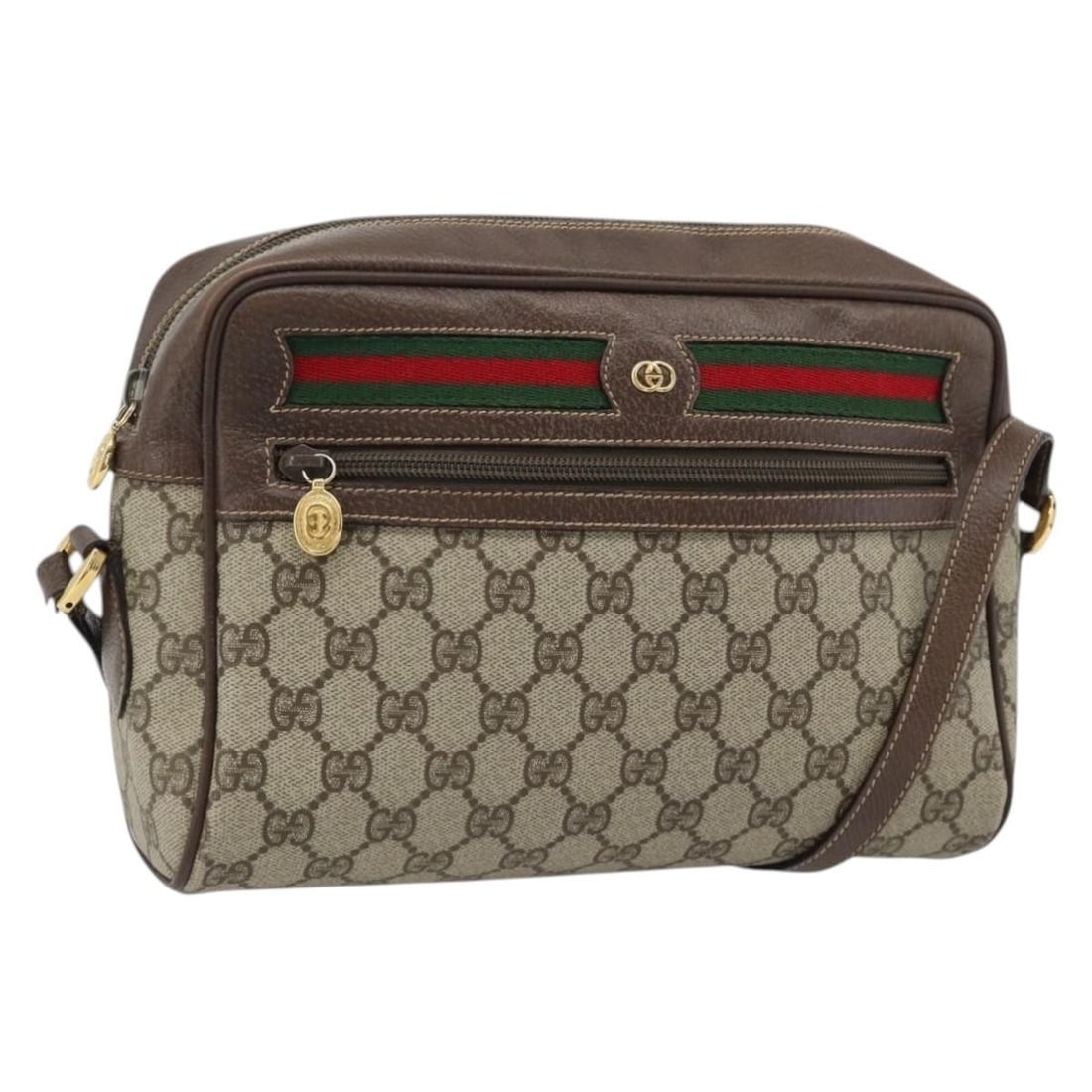 Gucci 001 113 6472 GG Supreme Sherry Web Shoulder Bag Beige PVC: Gucci 001 113 6472 GG Supreme Sherry Web Shoulder Bag Beige PVC Gucci GG Supreme Web Sherry Line shoulder bag in beige PVC leather and GG canvas. Made in Italy, this women's bag features a compact sho