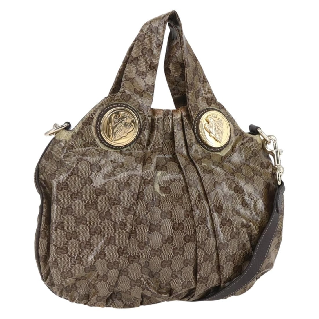 GUCCI GG Crystal Histeria Beige Gold Coated Canvas Hand Bag Auth 203486: GUCCI GG Crystal Histeria Beige Gold Coated Canvas Hand Bag Auth 203486 The GUCCI GG Crystal Histeria Hand Bag is a stylish and sophisticated accessory crafted from high-quality coated canvas. This ba