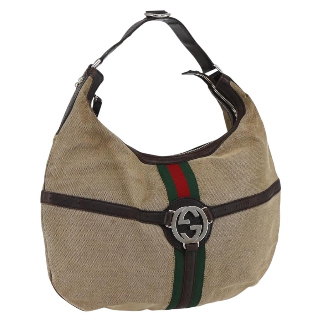 Gucci 114871 Sherry Web Canvas Shoulder Bag Beige Silver: Gucci 114871 Sherry Web Canvas Shoulder Bag Beige Silver Gucci Web Sherry Line shoulder bag in beige and silver canvas, made in Italy. This women's bag measures approximately 42 cm wide by 27 cm high 