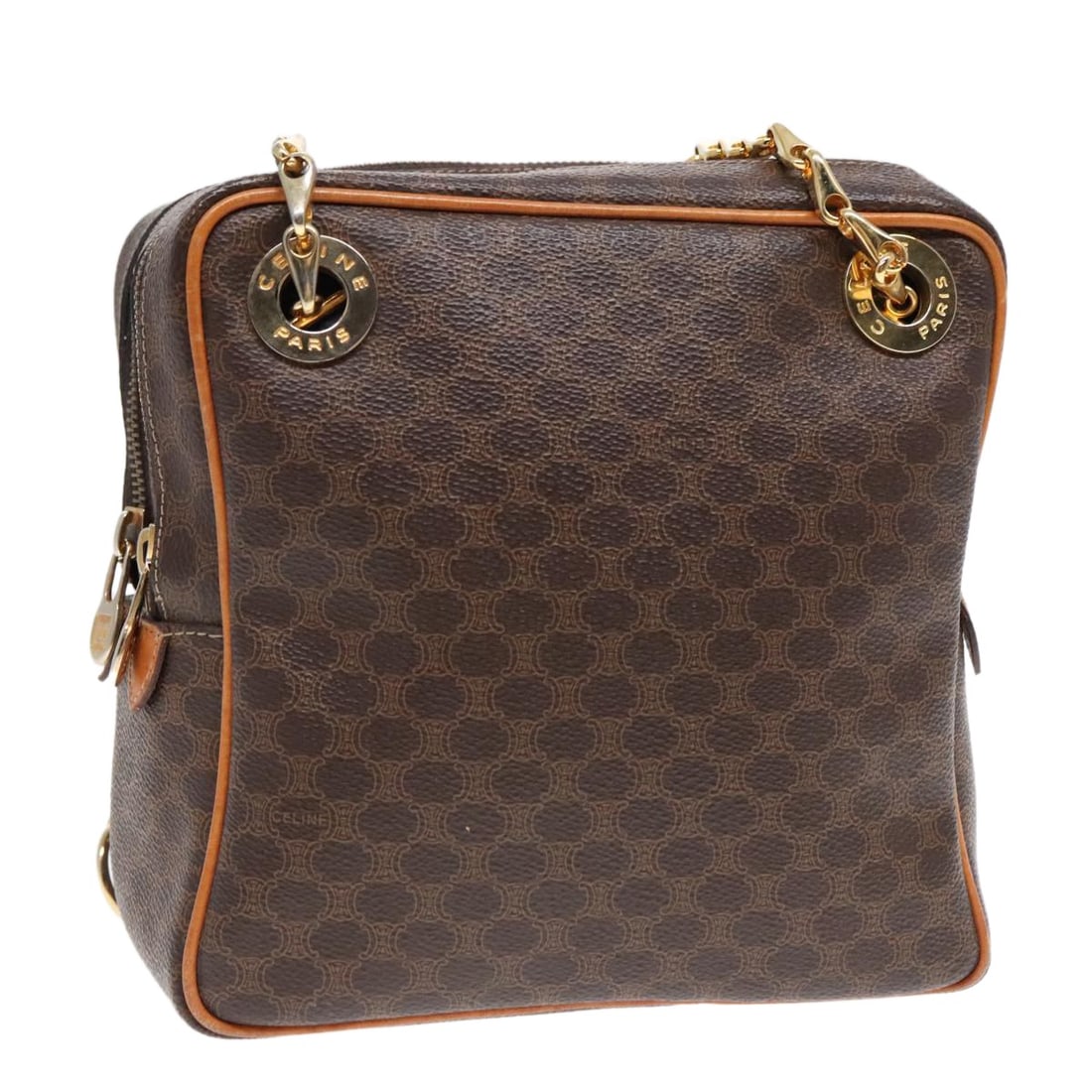 Celine Macadam Brown PVC and Leather Women's Shoulder Bag Gold Accents: Celine Macadam Brown PVC and Leather Women's Shoulder Bag Gold Accents This CELINE Macadam shoulder bag features a classic brown and gold color scheme and is crafted from PVC leather with signature Ma