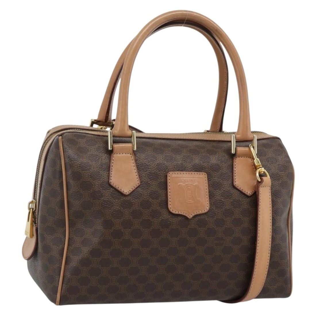 CELINE Macadam 2way Hand Bag Brown PVC Leather with Shoulder Strap: CELINE Macadam 2way Hand Bag Brown PVC Leather with Shoulder Strap CELINE Macadam Canvas hand bag in brown and gold, made in Italy from PVC leather and Macadam canvas. This 2-way style comes with a sh