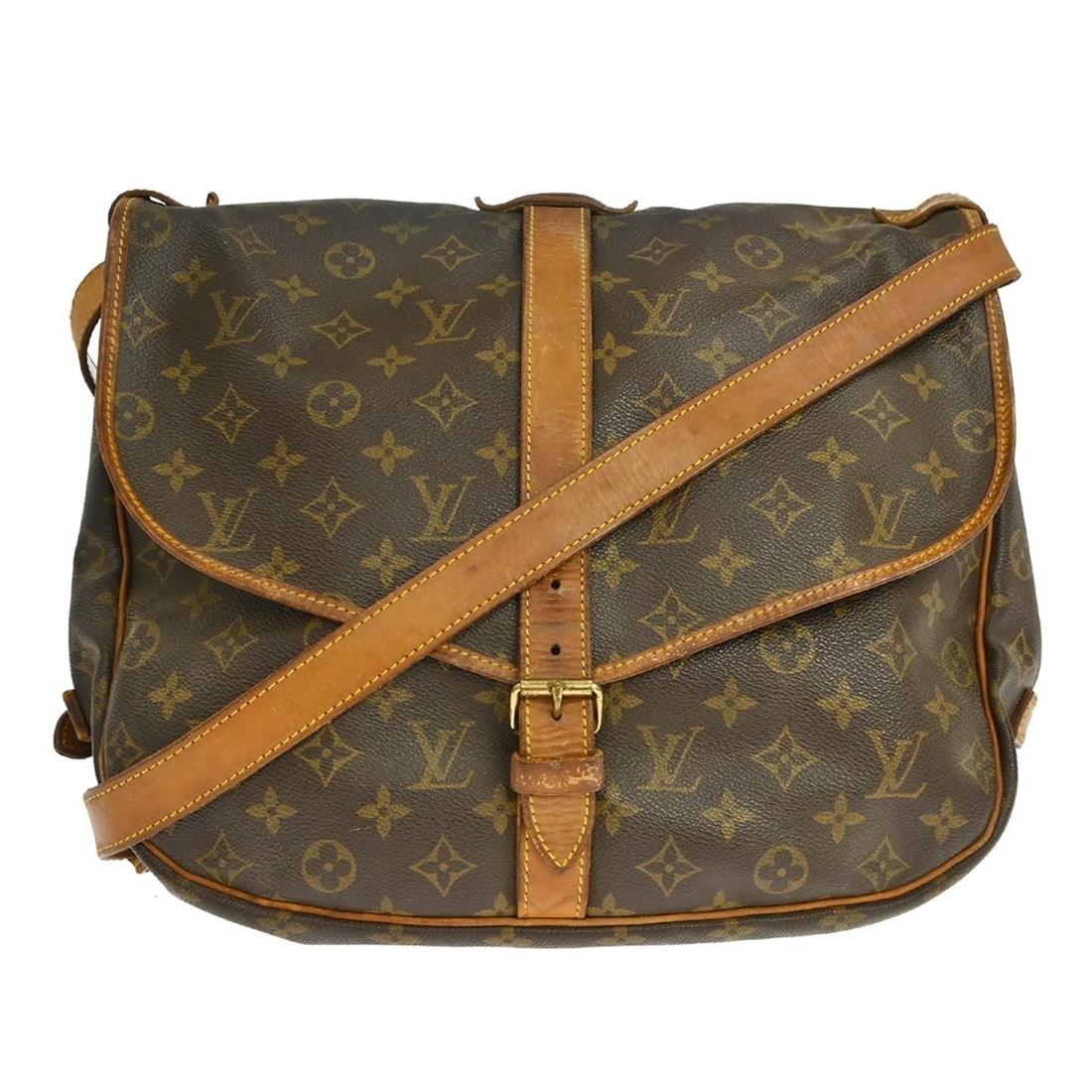 Louis Vuitton Saumur 35 Monogram Crossbody Bag M42254: Louis Vuitton Saumur 35 Monogram Crossbody Bag M42254 Louis Vuitton Saumur 35 shoulder bag in Monogram canvas and leather, made in France. It features a buckle closure, crossbody strap style, and a br