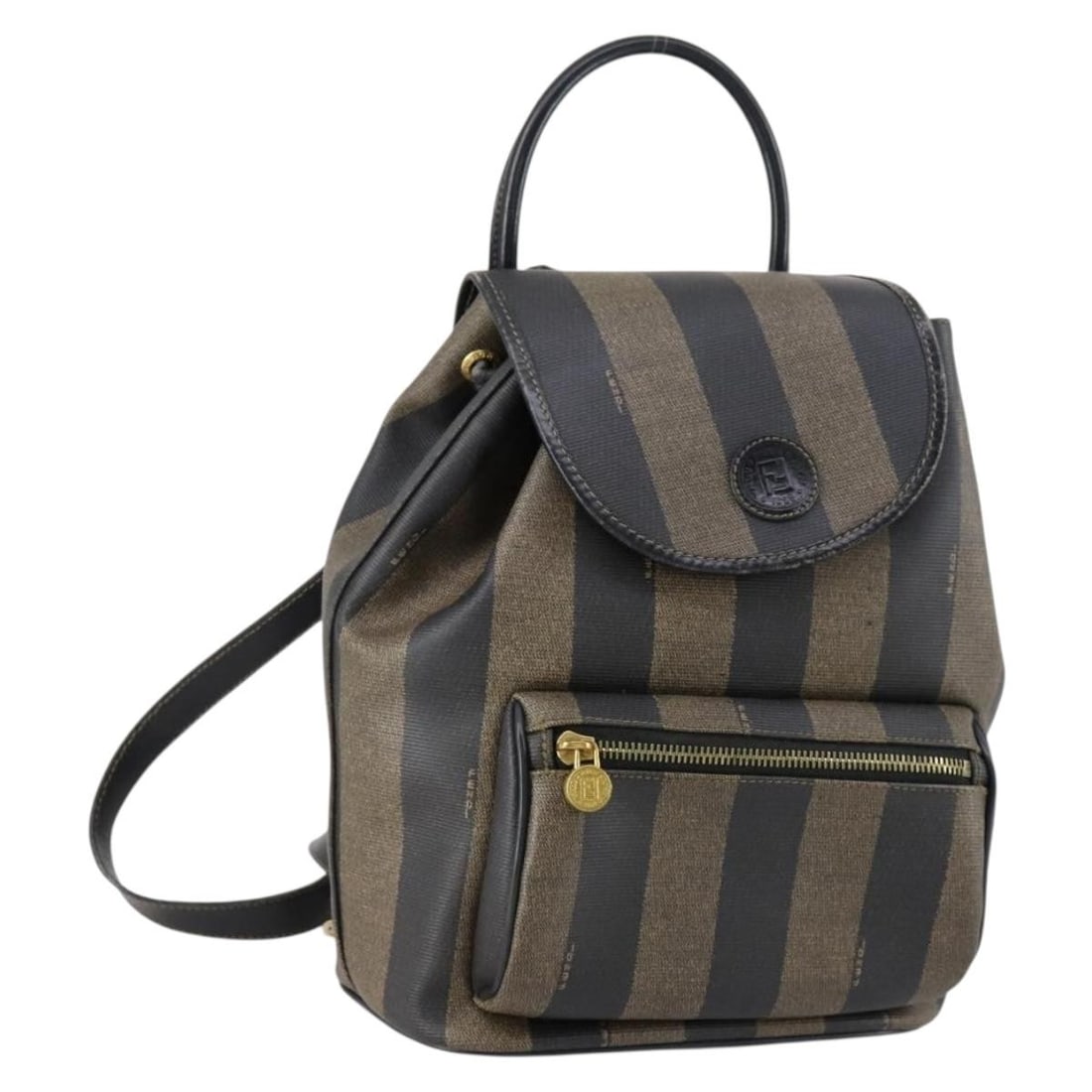 FENDI Pecan PVC Canvas Backpack Brown Black Gold Authentic: FENDI Pecan PVC Canvas Backpack Brown Black Gold Authentic This authentic FENDI Pecan Canvas Backpack is a stylish and functional accessory, crafted from durable PVC leather and Pequin canvas. The ext
