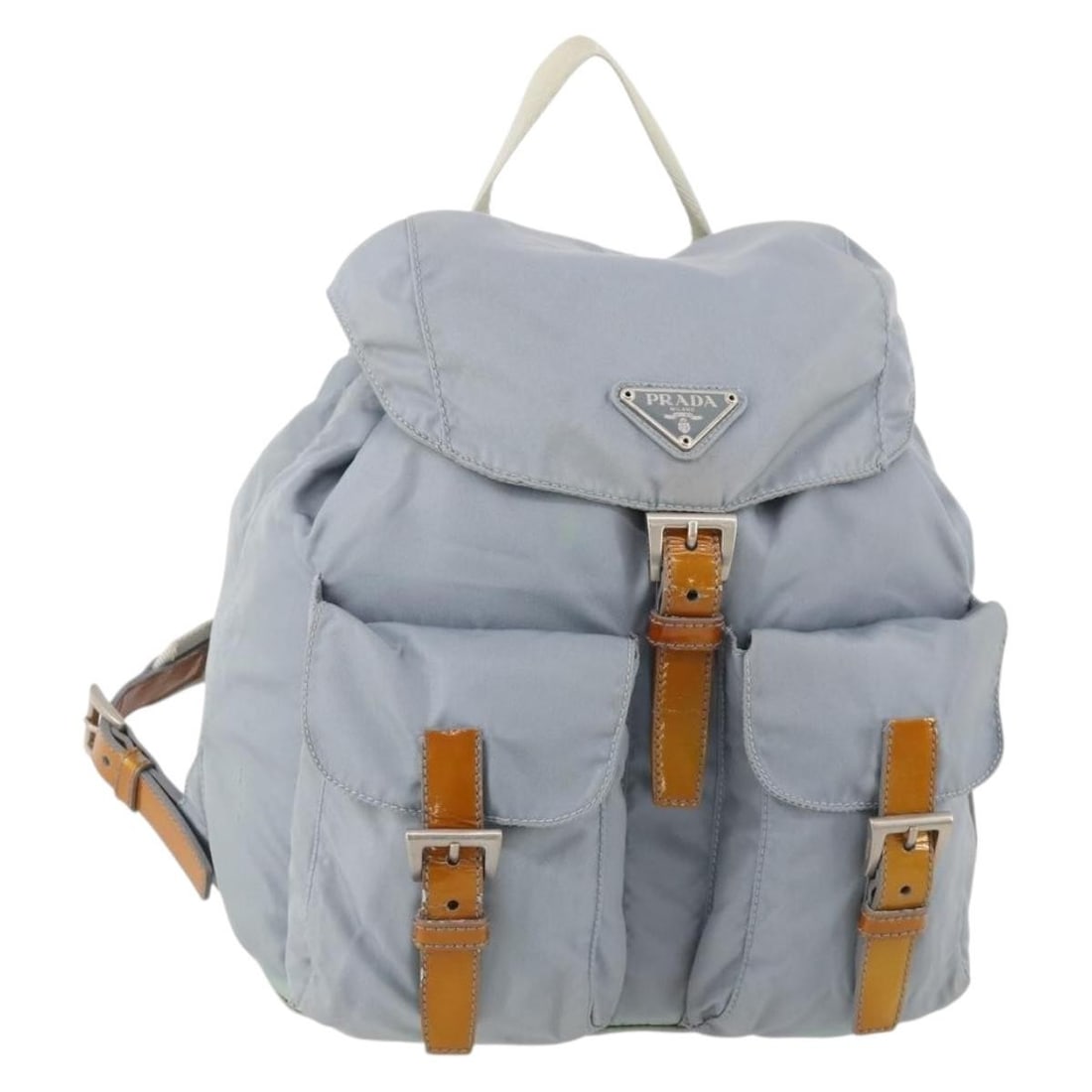 Light Blue Nylon Women's Backpack by Prada with Silver Accents: Light Blue Nylon Women's Backpack by Prada with Silver Accents This PRADA backpack features a light blue nylon exterior with silver accents. Designed for women, it offers a spacious main compartment a