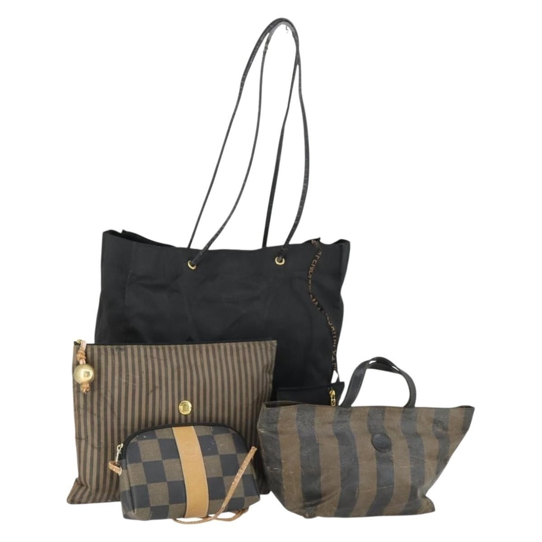 Set of 4 Fendi Black Brown Coated Canvas Shoulder Bags with Pouch: Set of 4 Fendi Black Brown Coated Canvas Shoulder Bags with Pouch This FENDI Pequin canvas shoulder bag set features a combination of black and brown coated canvas with nylon accents. The set includes