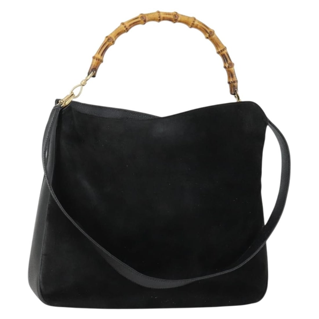 Black Suede GUCCI Bamboo 2way Shoulder Bag with Gold Details 001 2113 1577: Black Suede GUCCI Bamboo 2way Shoulder Bag with Gold Details 001 2113 1577 This is a Gucci Bamboo 2-way shoulder bag crafted from black suede with gold-tone accents. The bag features a spacious main c