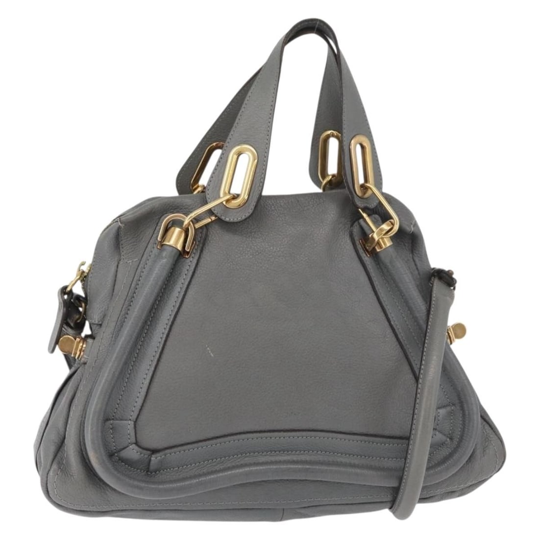 Chloe Paraty leather gray gold 2way handbag with shoulder strap: Chloe Paraty leather gray gold 2way handbag with shoulder strap This Chloe Paraty handbag is crafted from leather in a gray and gold color scheme and offers versatile carrying options with both top ha