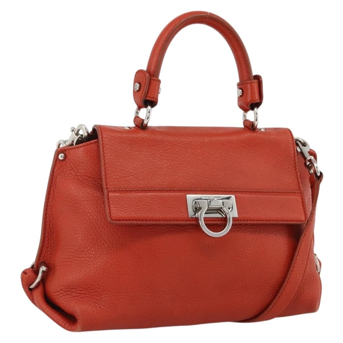 Red Leather 2way Handbag Salvatore Ferragamo Gancini with Shoulder Strap: Red Leather 2way Handbag Salvatore Ferragamo Gancini with Shoulder Strap Salvatore Ferragamo Gancini handbag in red leather with silver-tone hardware. This 2-way style comes with a shoulder strap and 
