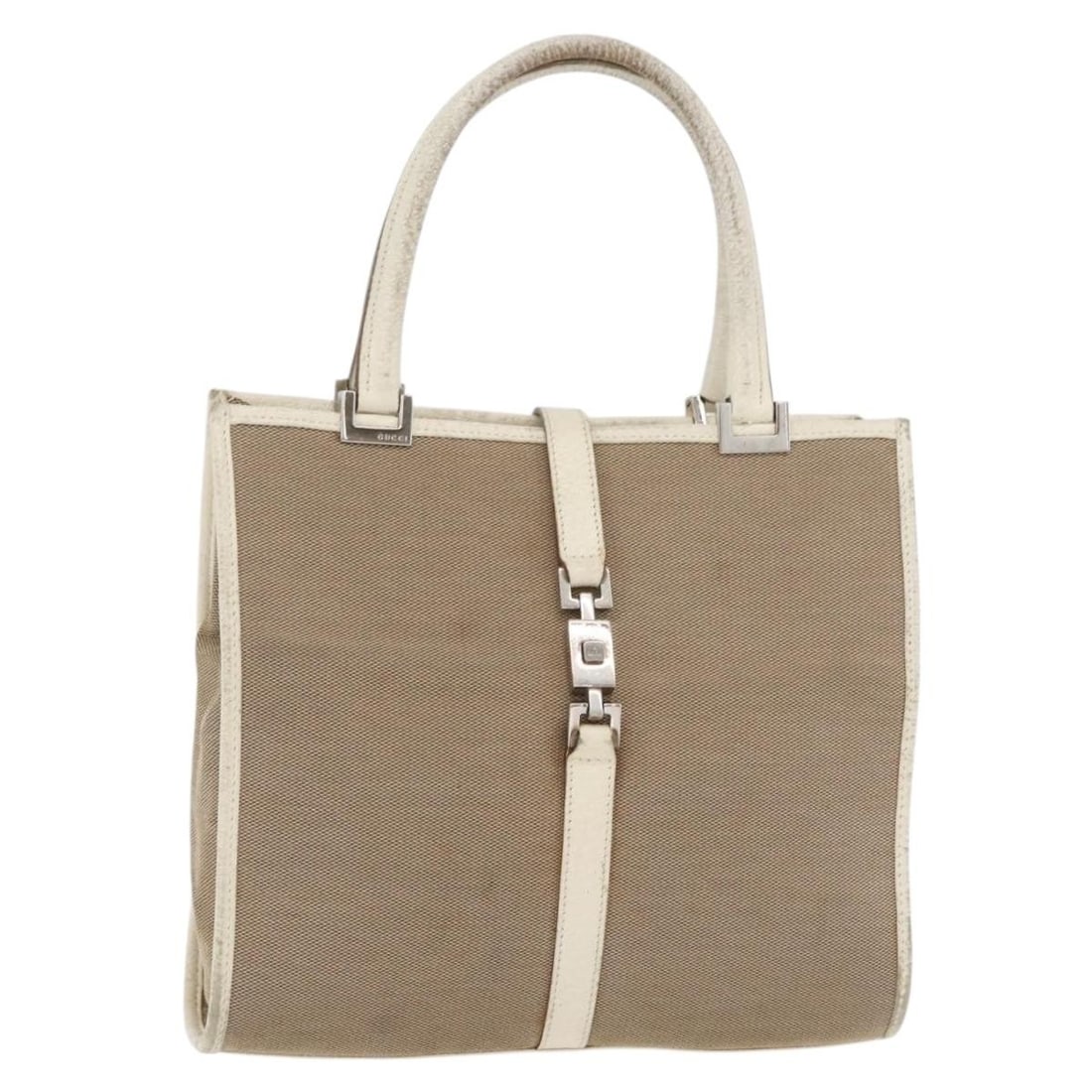 Gucci Jackie beige silver canvas handbag 002 1065: Gucci Jackie beige silver canvas handbag 002 1065 This GUCCI Jackie hand bag features a beige and silver canvas exterior, offering a classic and stylish look. Made in Italy, it is designed for women a