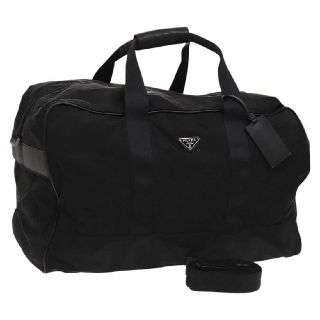 Prada nylon black silver Boston bag with shoulder strap: Prada nylon black silver Boston bag with shoulder strap This PRADA Boston Bag is crafted from black nylon with silver-tone accents and offers versatile carrying options with both handles and a detacha