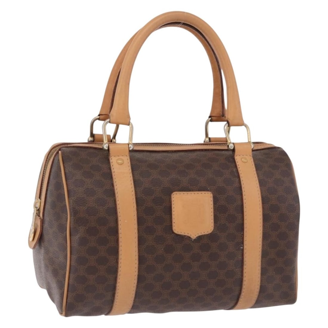 CELINE Macadam Mini Boston Bag Brown PVC Leather Italy: CELINE Macadam Mini Boston Bag Brown PVC Leather Italy A CELINE Macadam Canvas Mini Boston Bag in brown and gold, made in Italy. This Boston-style bag is crafted from PVC leather and Macadam canvas, a
