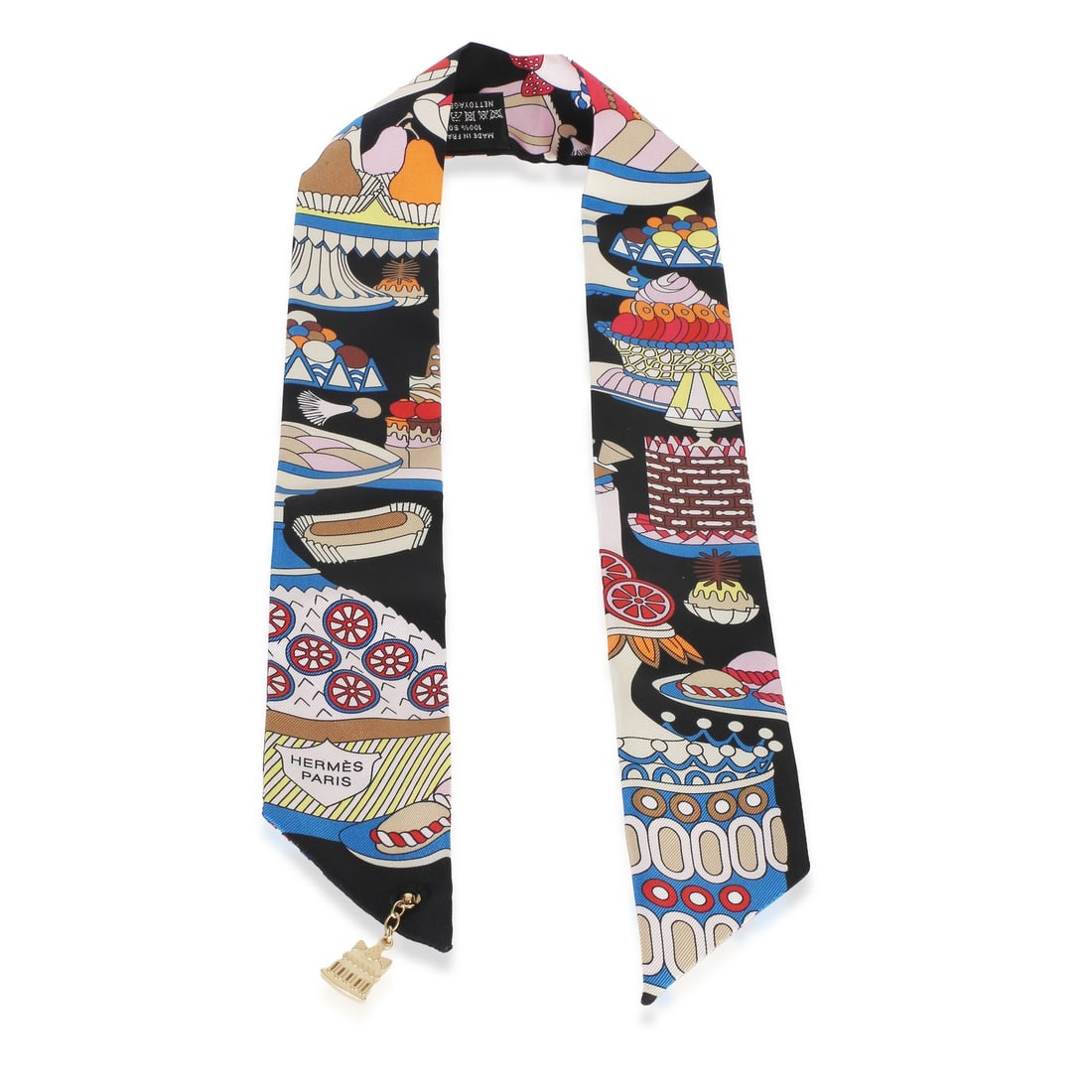 Hermes Twilly Silk Scarf La Patisserie Francaise Black Multicolor: Hermes Twilly Silk Scarf La Patisserie Francaise Black Multicolor This Hermes La Patisserie Francaise Silk Twilly features a striking combination of black, white, and blue colors in a refined design. 