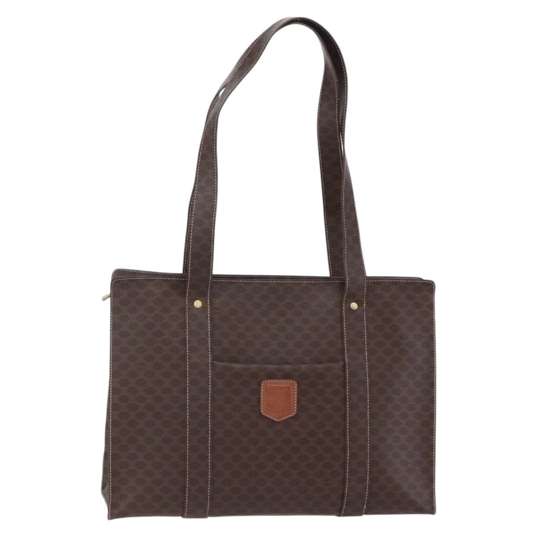 CELINE Macadam Canvas Shoulder Bag PVC Leather Brown Gold Authentic: CELINE Macadam Canvas Shoulder Bag PVC Leather Brown Gold Authentic This Celine Macadam Canvas Shoulder Bag is a stylish accessory crafted in Italy, featuring a blend of PVC leather and Macadam canvas