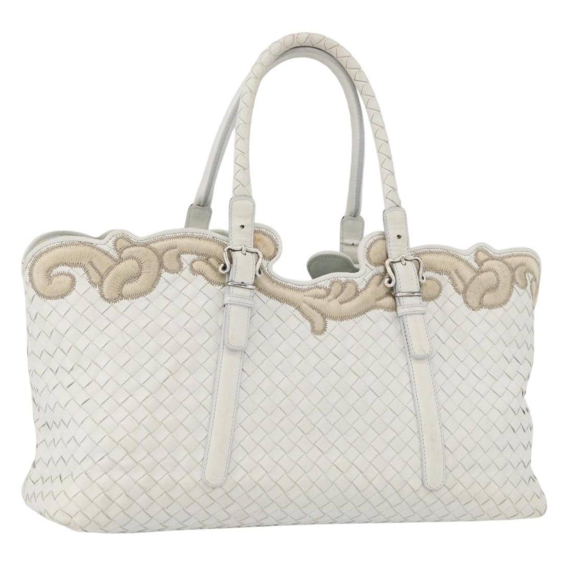 Bottega Veneta Intrecciato White Leather Tote Bag Italy: Bottega Veneta Intrecciato White Leather Tote Bag Italy Bottega Veneta Intrecciato tote bag in white leather, made in Italy. This women's tote bag comes with a dust bag and features a handle drop of a