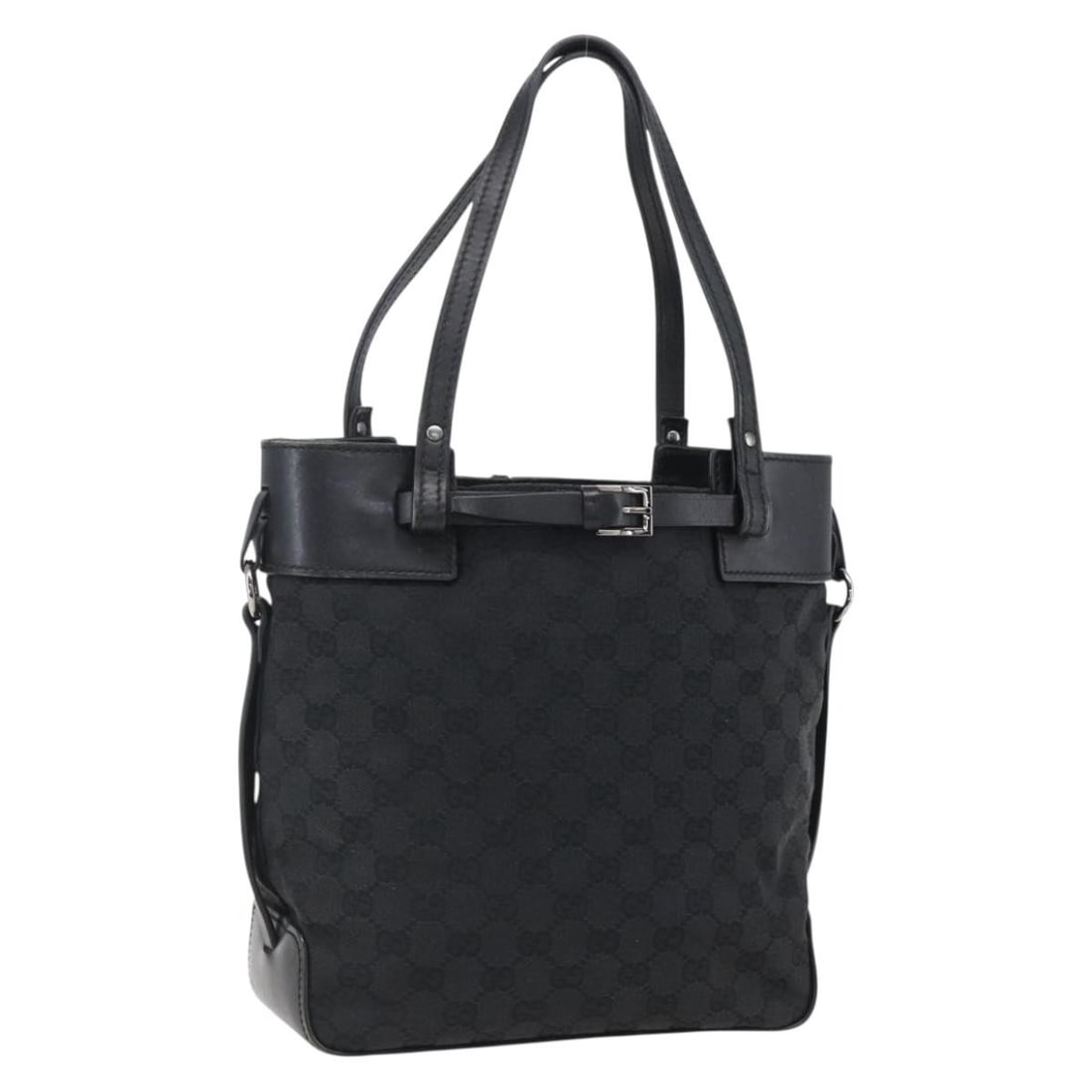Black GG Canvas Handbag by Gucci Silver Accents Model 107757: Black GG Canvas Handbag by Gucci Silver Accents Model 107757 This is a GUCCI GG Canvas Hand Bag in black and silver, designed for women. Crafted from GG canvas, the bag features a structured silhouett