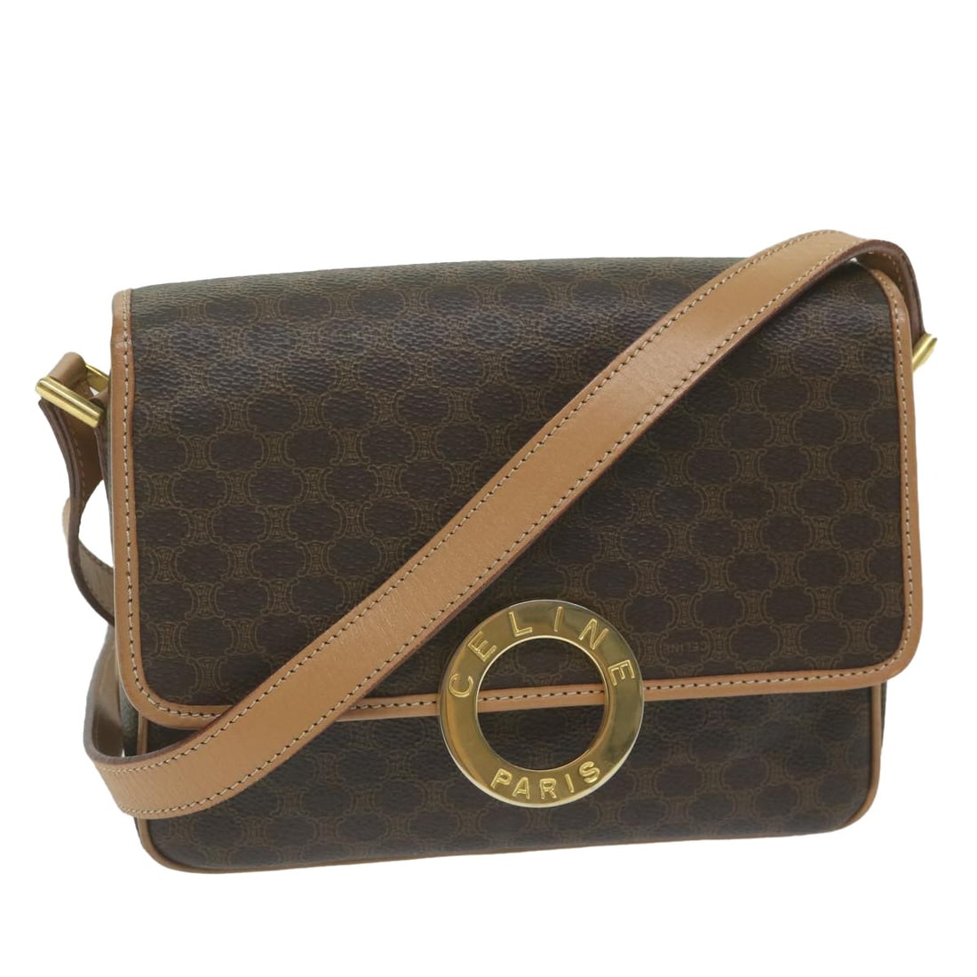 CELINE Macadam Brown PVC Leather Shoulder Bag Made in Italy: CELINE Macadam Brown PVC Leather Shoulder Bag Made in Italy Brown CELINE shoulder bag made from PVC leather and Macadam canvas. It measures approximately W22 x H15 x D6 cm, with a shoulder drop of abo
