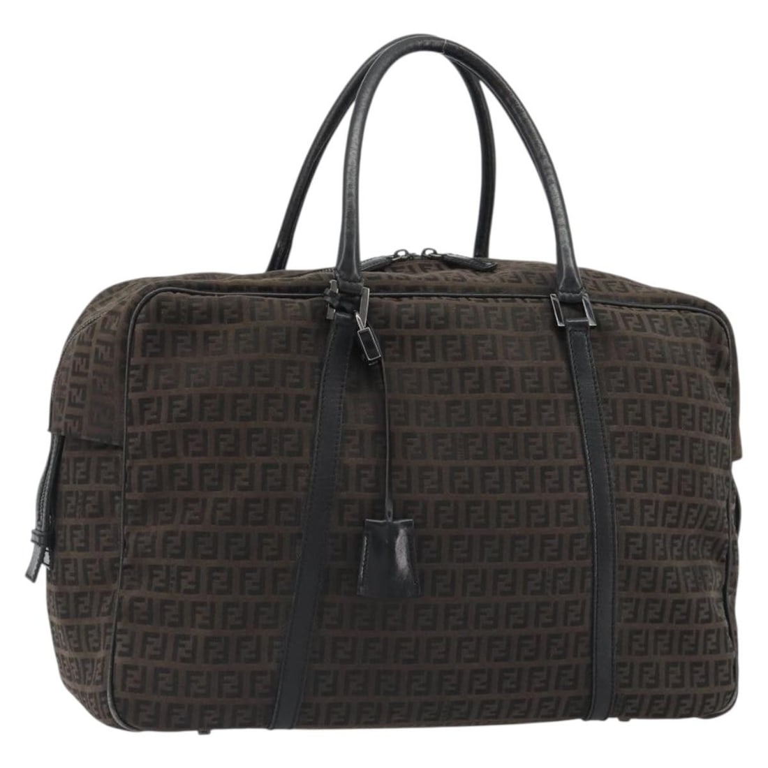FENDI Zucchino Canvas Boston Bag Dark Brown with Padlock Key Clochette: FENDI Zucchino Canvas Boston Bag Dark Brown with Padlock Key Clochette Fendi Boston bag in Zucchino Canvas with a dark brown and silver color scheme. Made in Italy, it comes with a padlock, key, and c