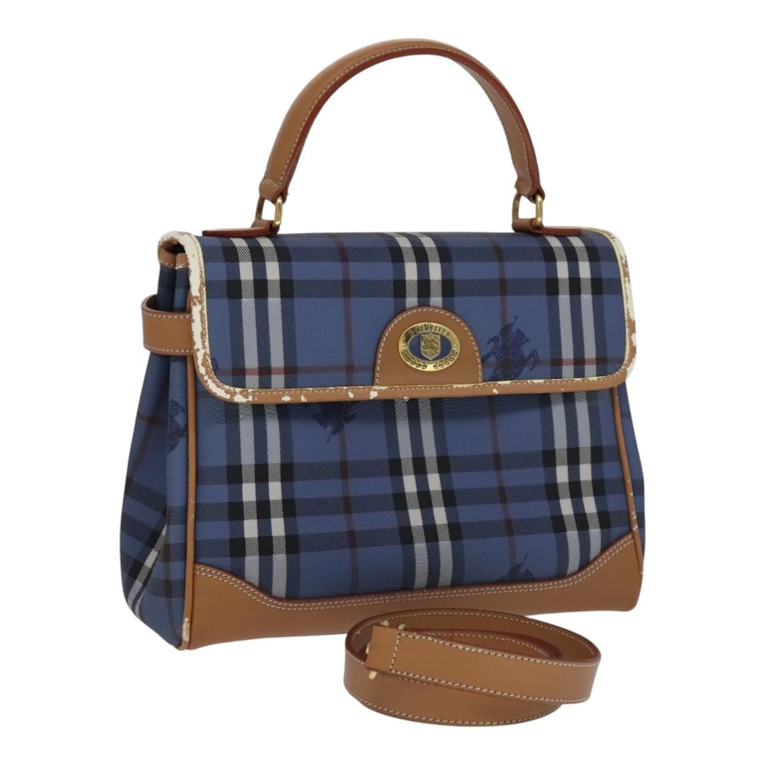 Blue Burberrys Nova Check PVC Leather Convertible Handbag with Shoulder Strap: Blue Burberrys Nova Check PVC Leather Convertible Handbag with Shoulder Strap This Burberrys Nova Check 2-way hand bag features blue PVC leather and comes with a detachable shoulder strap, allowing fo