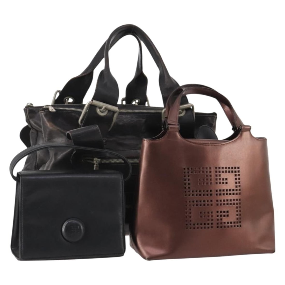 3 Piece Leather Handbag Set Givenchy Chloe Black Brown: 3 Piece Leather Handbag Set Givenchy Chloe Black Brown Leather handbag set in black and brown, offered with a dust bag and name tag. The item is ranked CD and described as heavily used, with visible w