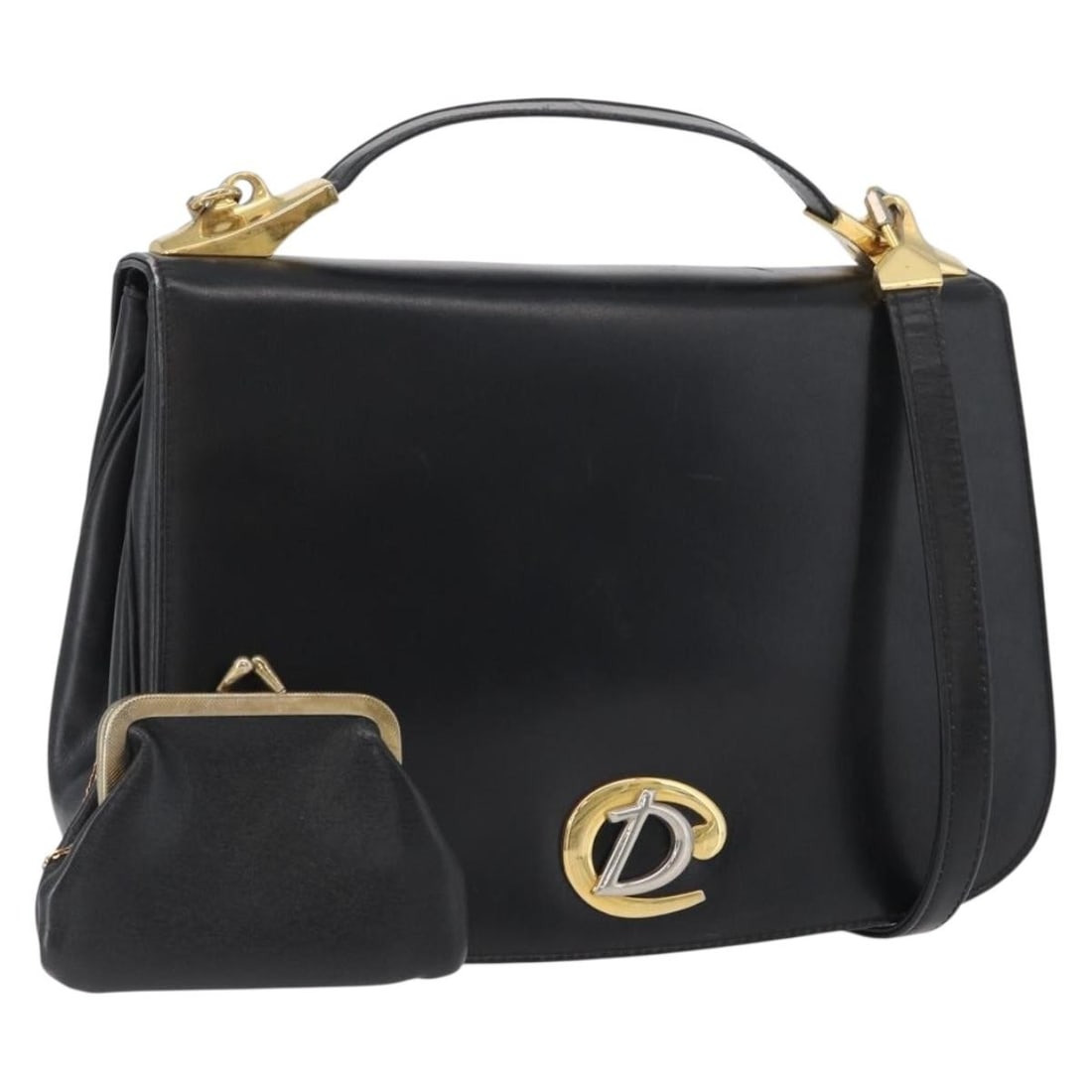 Christian Dior black leather shoulder bag with pouch: Christian Dior black leather shoulder bag with pouch A Christian Dior shoulder bag in black and gold, made of leather, with a shoulder bag style and an included pouch accessory. The bag measures appro