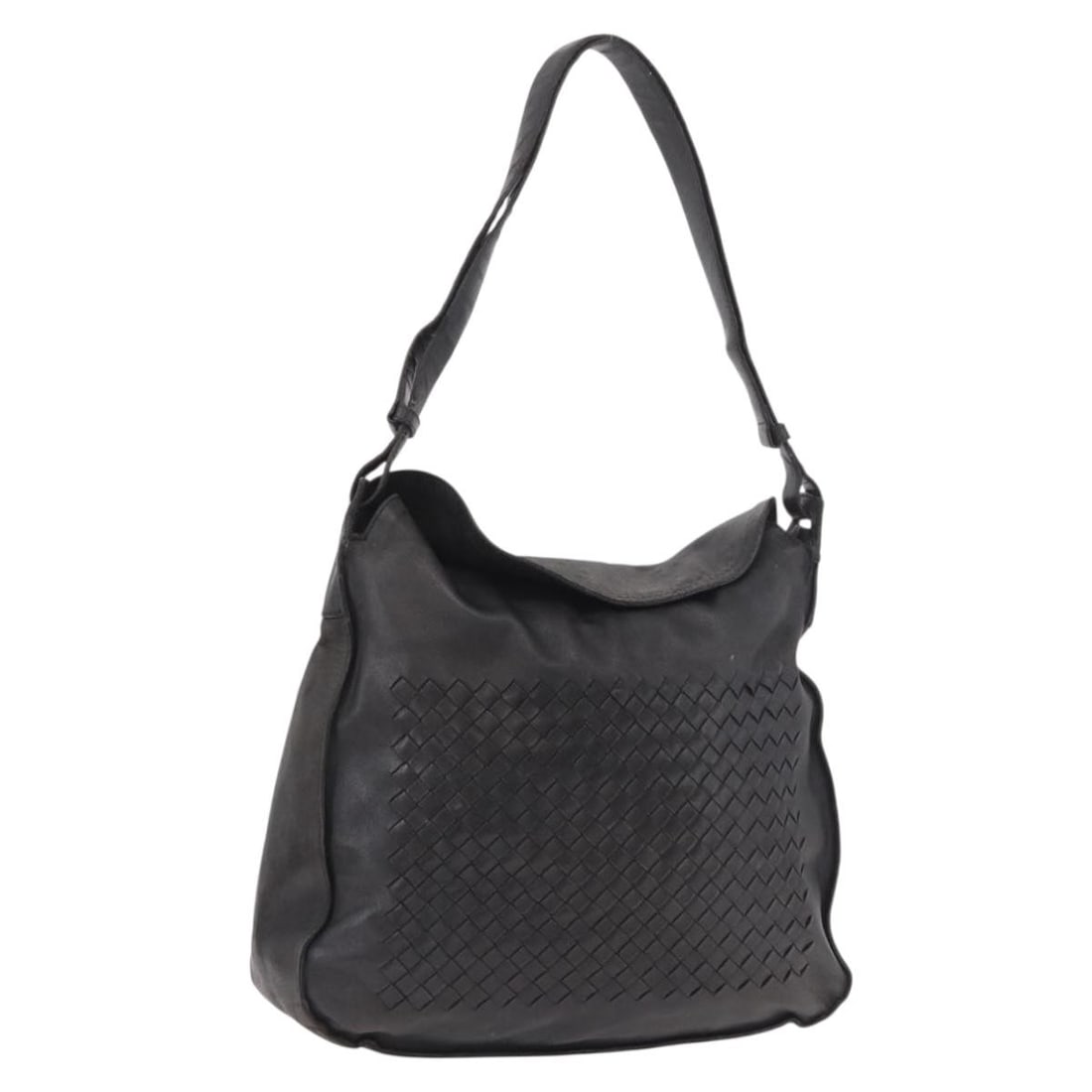 Bottega Veneta Intrecciato Black Leather Shoulder Bag Made in Italy: Bottega Veneta Intrecciato Black Leather Shoulder Bag Made in Italy Black leather shoulder bag in the Intrecciato style, made in Italy. The item is heavily used and shows shape loss, rubbing, stains, 