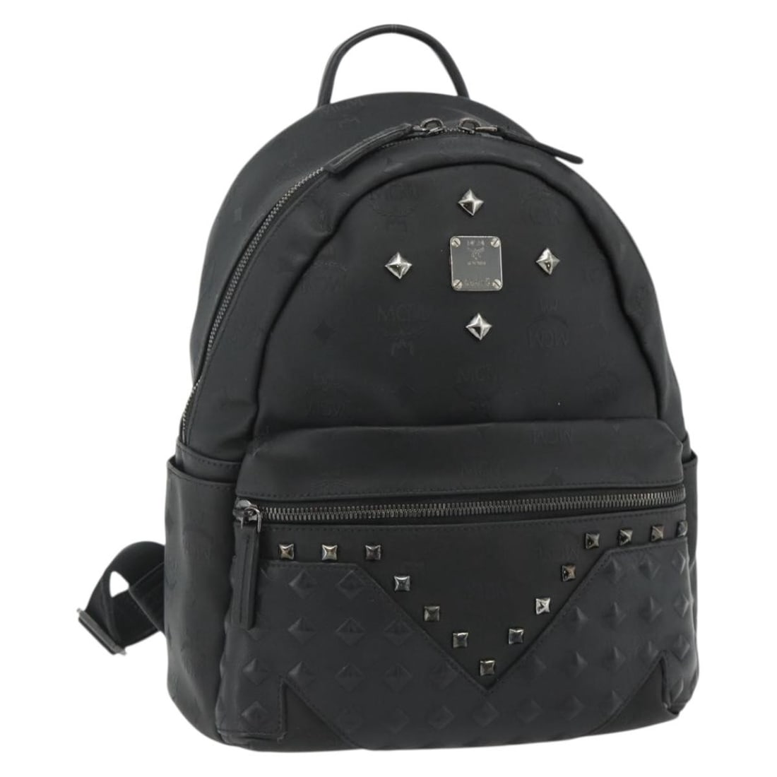 MCM Vicetos Backpack Black PVC Leather Korea: MCM Vicetos Backpack Black PVC Leather Korea Black backpack in PVC leather with a Vicetos logogram design. It measures approximately 25 cm W x 25 cm H x 12 cm D (9.8 x 9.8 x 4.7 in) and was made in Ko