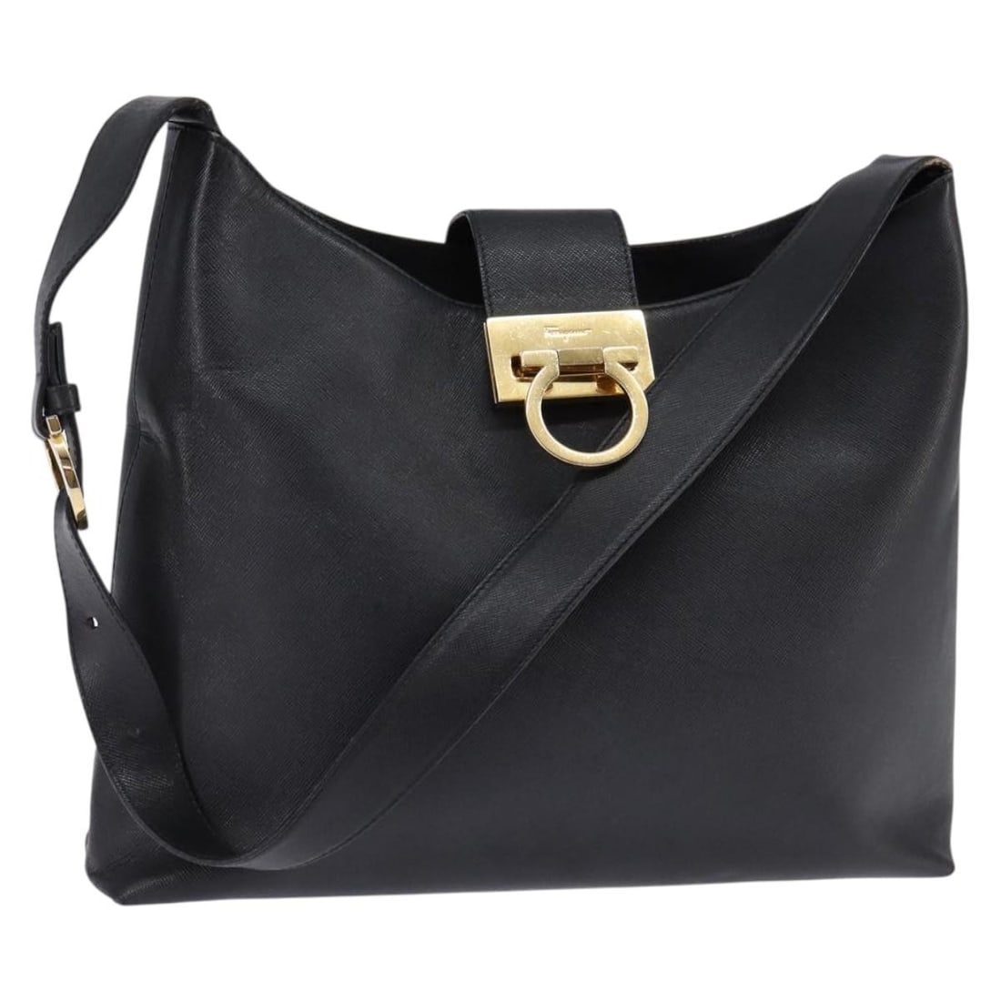 Salvatore Ferragamo Gancini Leather Shoulder Bag Black Gold Auth Italy: Salvatore Ferragamo Gancini Leather Shoulder Bag Black Gold Auth Italy This Salvatore Ferragamo Gancini Shoulder Bag combines luxury and functionality with its elegant black leather exterior accented 