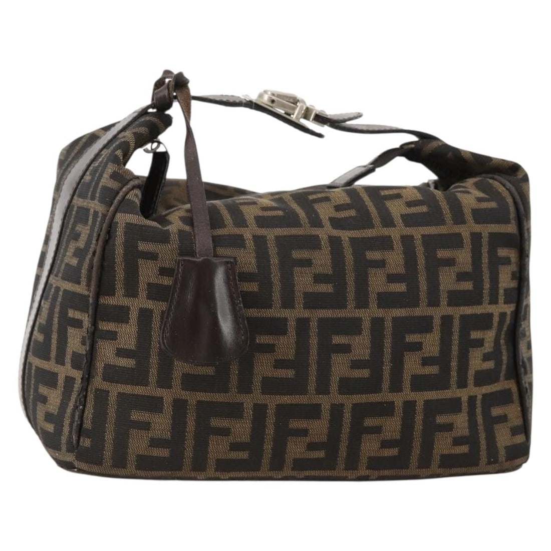 Fendi Zucca Canvas Handbag Brown Black Silver Key Clochette: Fendi Zucca Canvas Handbag Brown Black Silver Key Clochette Fendi Zucca canvas hand bag in brown, black, and silver. It includes one key and a clochette, and was made in Italy. The bag is described as