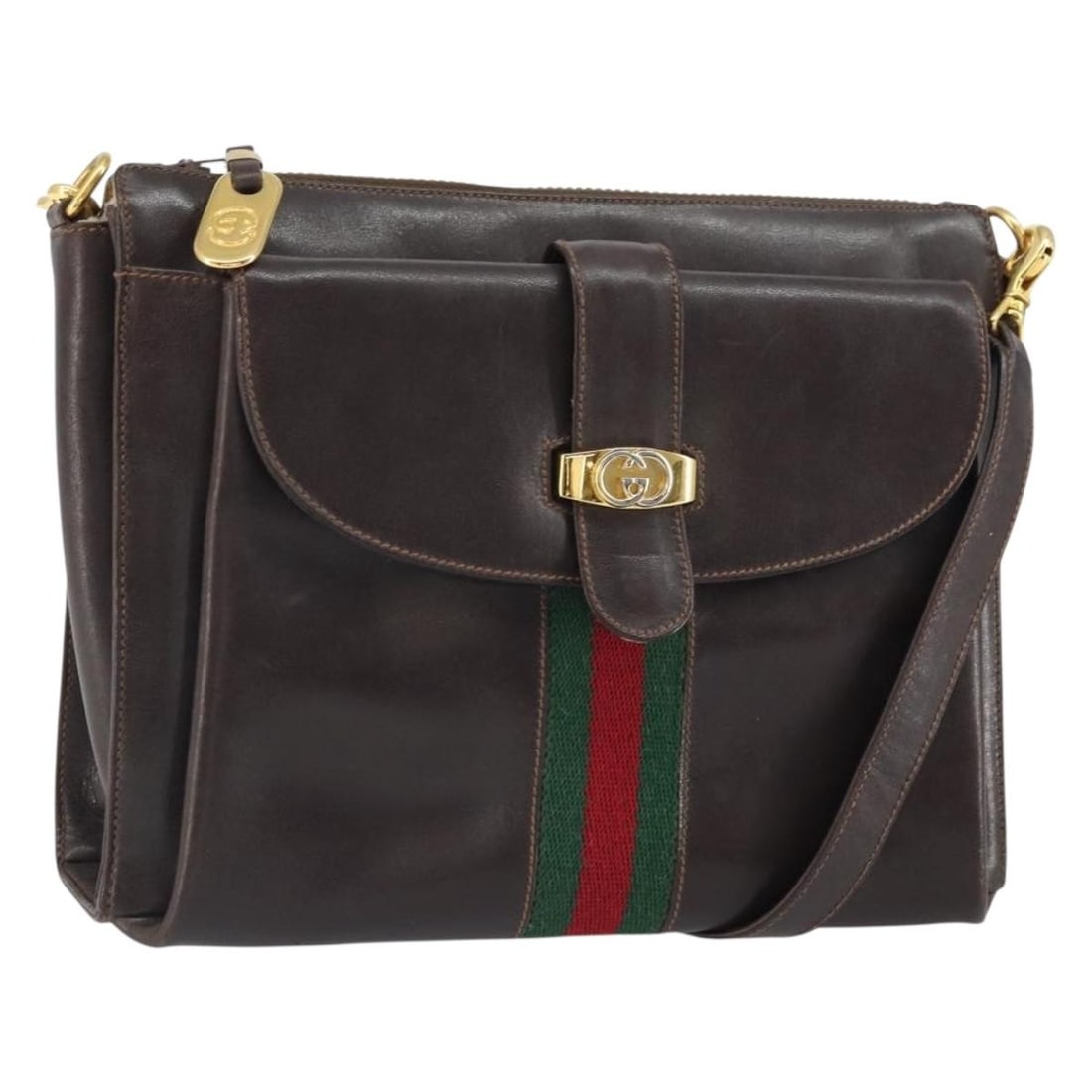 GUCCI Sherry Line Leather Shoulder Bag Brown Red Gold: GUCCI Sherry Line Leather Shoulder Bag Brown Red Gold This Gucci Old Web Sherry Line shoulder bag is crafted from leather in brown, gold, and red. Made in Italy, it features a shoulder strap with a 16