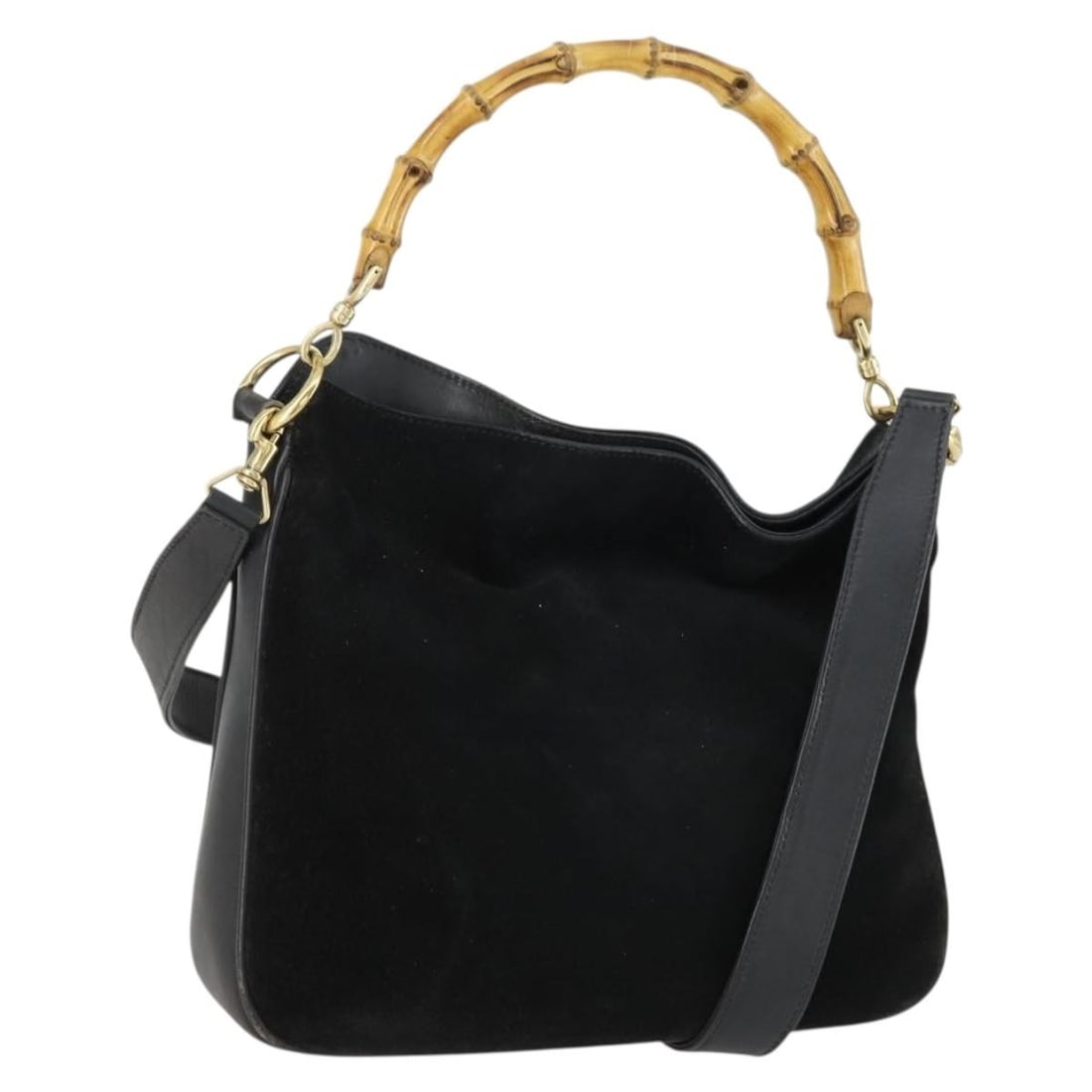 Black Suede GUCCI Bamboo 2way Shoulder Bag with Gold Accents 001 2058 1638 0: Black Suede GUCCI Bamboo 2way Shoulder Bag with Gold Accents 001 2058 1638 0 This is a Gucci Bamboo shoulder bag crafted from black and gold suede. The bag features both shoulder and handle carrying o