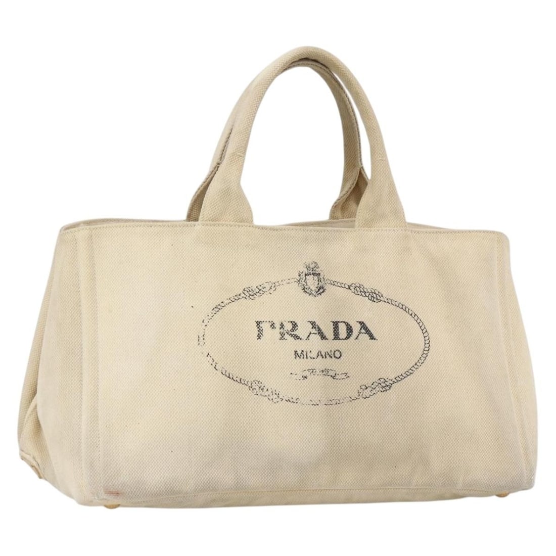 Prada Canapa GM Canvas Handbag Ivory Gold Italy: Prada Canapa GM Canvas Handbag Ivory Gold Italy Ivory and gold Prada Canapa GM hand bag in canvas, made in Italy. This item is listed as a hand bag and is offered in heavily used condition, with visib