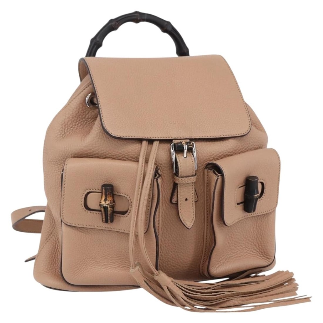 GUCCI 370833 Bamboo Backpack Leather Beige Gold Authentic: GUCCI 370833 Bamboo Backpack Leather Beige Gold Authentic Elevate your style with this authentic GUCCI Bamboo Backpack, crafted in Italy from luxurious beige leather with gold accents. This chic backp