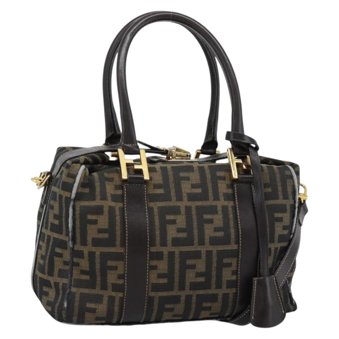 FENDI Zucca Canvas 2way Hand Bag Black Brown with Strap Clochette: FENDI Zucca Canvas 2way Hand Bag Black Brown with Strap Clochette Fendi Hand Bag in Zucca Canvas, designed for women and made in Italy. This 2-way bag comes in Black/Brown and includes a shoulder stra