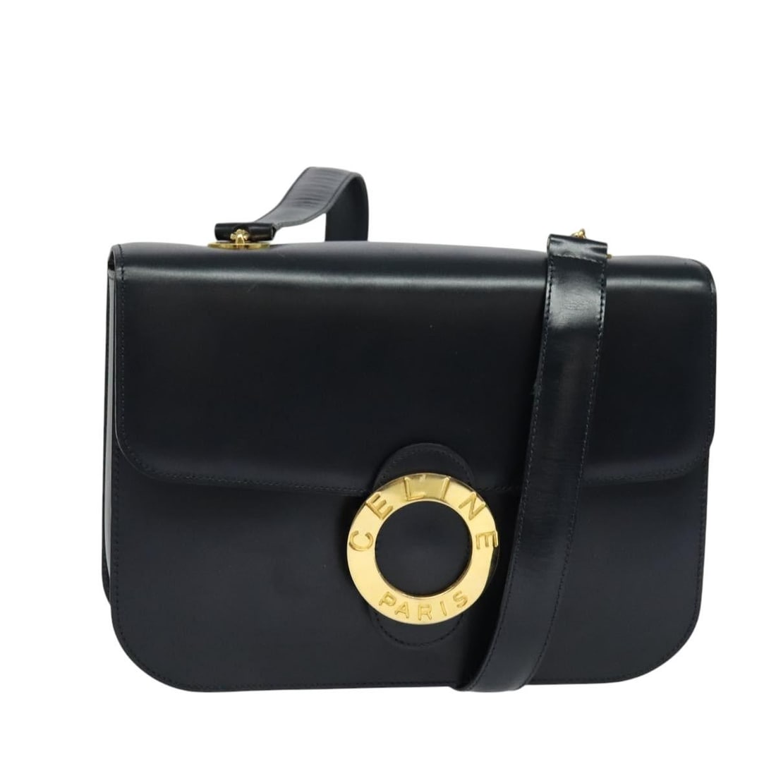CELINE Circle Leather Shoulder Bag Navy Gold Tone Italy: CELINE Circle Leather Shoulder Bag Navy Gold Tone Italy CELINE shoulder bag in navy leather with gold-tone exterior details. Made in Italy, this women's bag measures approximately 25 cm wide, 16 cm hi